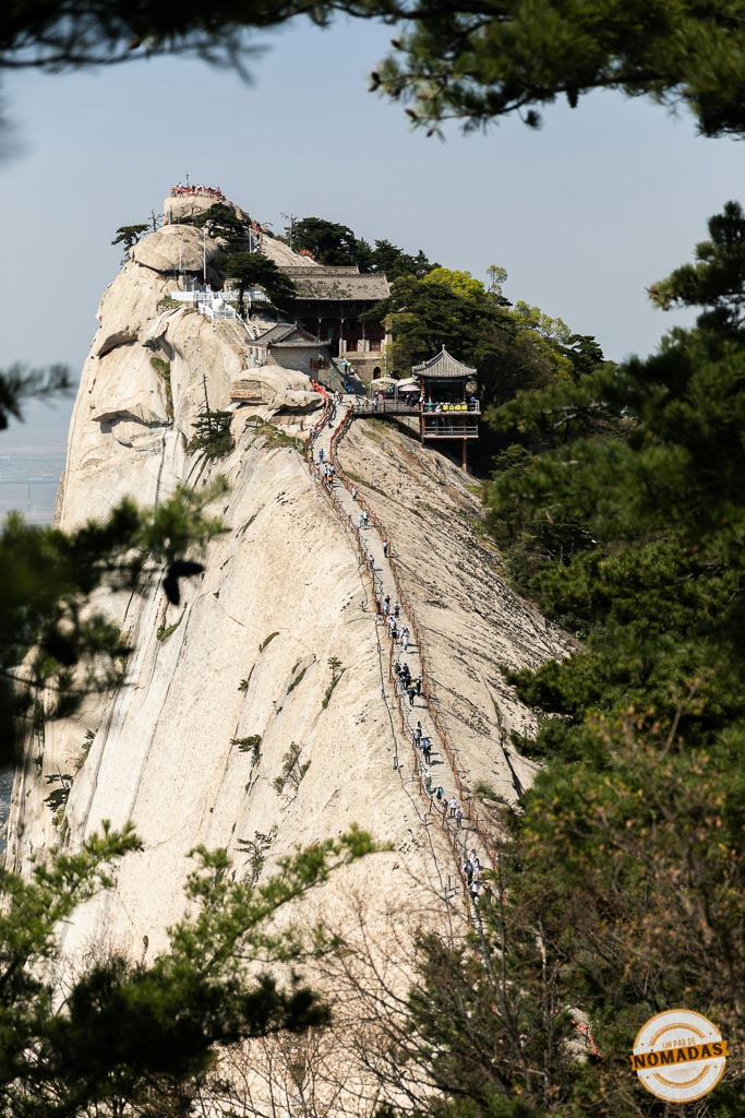 Sendero estrecho en la cima del Monte Huashan con excursionistas caminando por un paso tallado en la roca, rodeado de pinos