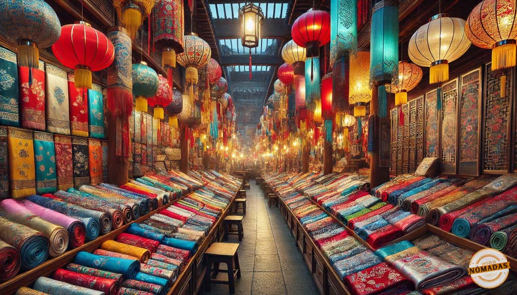 Qué ver en el Mercado de la Seda de Pekín: interior con rollos de seda de colores y faroles chinos iluminados, ideal para comprar tejidos tradicionales