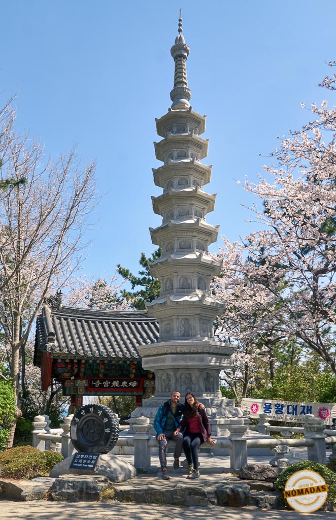 Pareja de viajeros frente a una pagoda rodeada de cerezos en Haedong Yonggungsa, uno de los templos más bonitos de Busán
