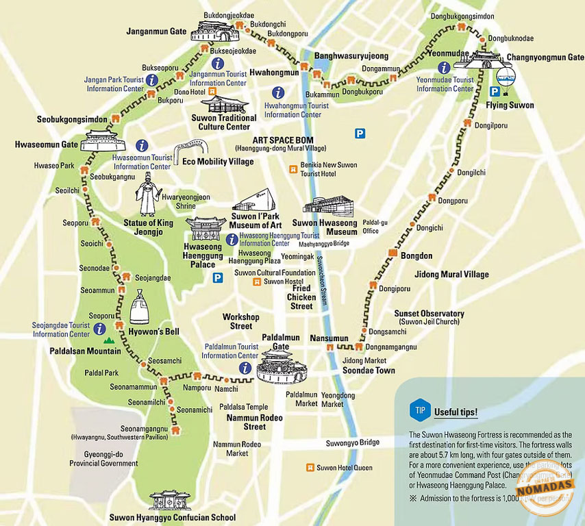 Mapa ilustrado de la fortaleza Hwaseong y sus principales puntos de interés en Excursión a Suwon desde Seúl