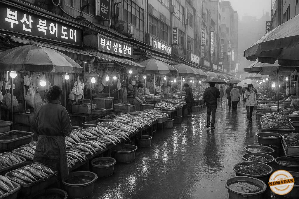 Puestos de pescado en el mercado de Jagalchi en Busán bajo la lluvia, uno de los mercados tradicionales más auténticos que ver en Busán
