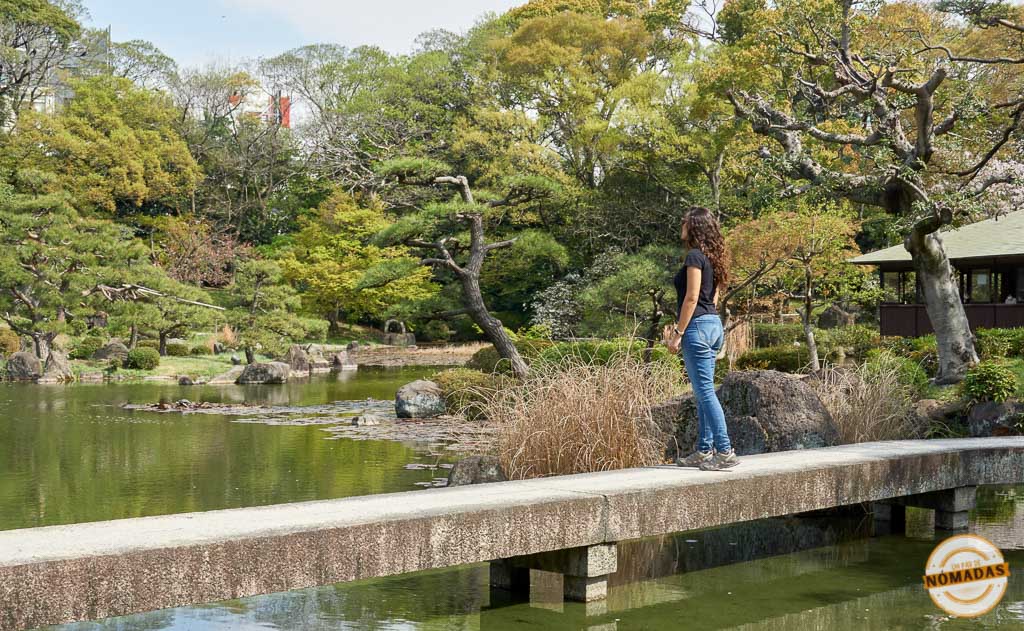 Tatiana de pie sobre un puente en uno de los lugares que ver en Osaka
