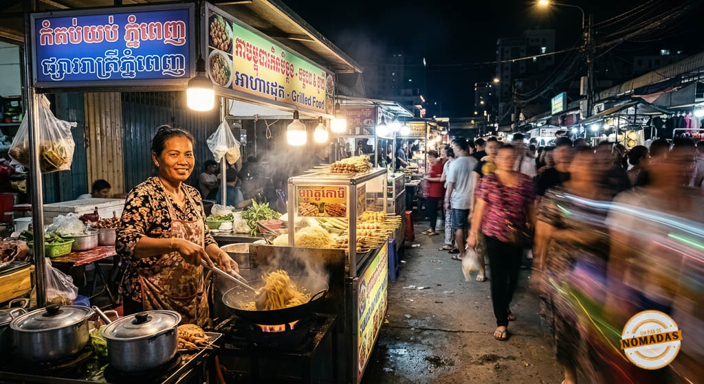 Vendedora camboyana cocinando fideos en un wok en un puesto de comida callejera del mercado nocturno de Phnom Penh.